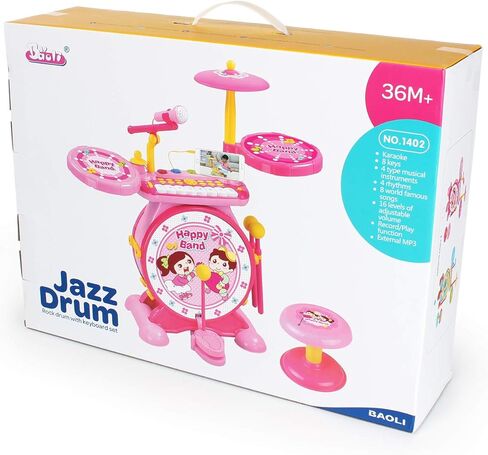 باولي مجموعة ادوات موسيقية للاطفال 2 في 1 للاولاد والبنات، مجموعة طبل موسيقى الجاز الالكترونية مع كيبورد بيانو وميكروفون ومقعد 24 مفتاح in Kuwait