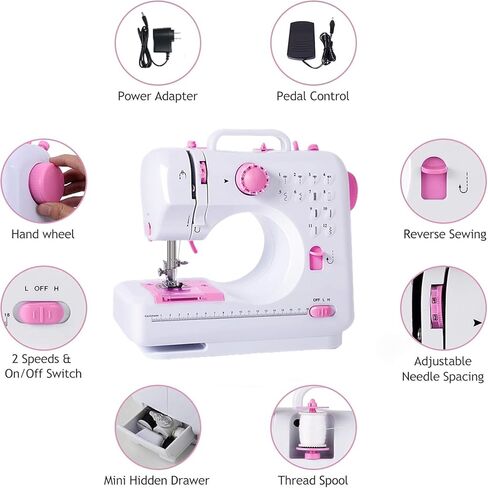 ماكينة خياطة صغيرة، آلات خياطة محمولة متعددة الوظائف للمبتدئين، ماكينة خياطة كهربائية صغيرة مع خياطة عكسية و12 غرزة مدمجة، سرعتان بخيط مزدوج مع دواسة قدم in Kuwait