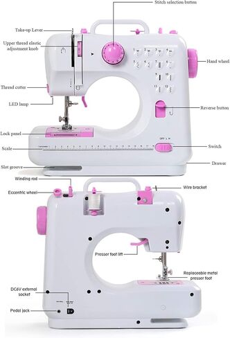 ماكينة خياطة صغيرة، آلات خياطة محمولة متعددة الوظائف للمبتدئين، ماكينة خياطة كهربائية صغيرة مع خياطة عكسية و12 غرزة مدمجة، سرعتان بخيط مزدوج مع دواسة قدم in Kuwait