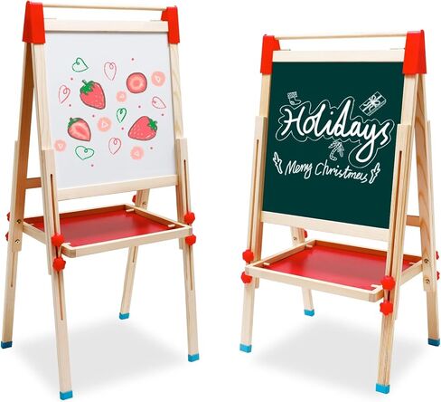 Kids Easel Wooden Art Easel with Drawing Paper Roll-Sided Whiteboard & Chalkboard Adjustable Standing Dry Erase Easel with Painting Supplies for Boys Girls Toddlers in Kuwait