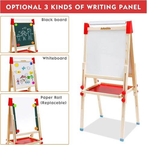 Kids Easel Wooden Art Easel with Drawing Paper Roll-Sided Whiteboard & Chalkboard Adjustable Standing Dry Erase Easel with Painting Supplies for Boys Girls Toddlers in Kuwait