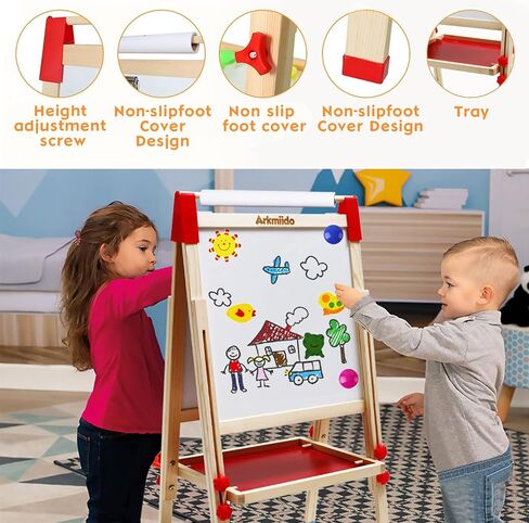 Kids Easel Wooden Art Easel with Drawing Paper Roll-Sided Whiteboard & Chalkboard Adjustable Standing Dry Erase Easel with Painting Supplies for Boys Girls Toddlers in Kuwait