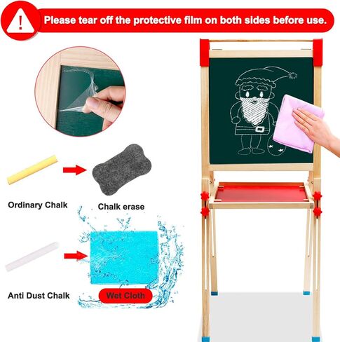 Kids Easel Wooden Art Easel with Drawing Paper Roll-Sided Whiteboard & Chalkboard Adjustable Standing Dry Erase Easel with Painting Supplies for Boys Girls Toddlers in Kuwait