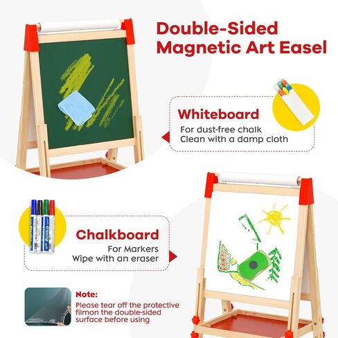 Kids Easel Wooden Art Easel with Drawing Paper Roll-Sided Whiteboard & Chalkboard Adjustable Standing Dry Erase Easel with Painting Supplies for Boys Girls Toddlers in Kuwait