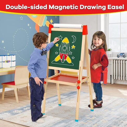 Kids Easel Wooden Art Easel with Drawing Paper Roll-Sided Whiteboard & Chalkboard Adjustable Standing Dry Erase Easel with Painting Supplies for Boys Girls Toddlers in Kuwait