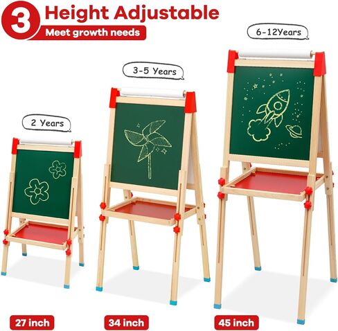Kids Easel Wooden Art Easel with Drawing Paper Roll-Sided Whiteboard & Chalkboard Adjustable Standing Dry Erase Easel with Painting Supplies for Boys Girls Toddlers in Kuwait