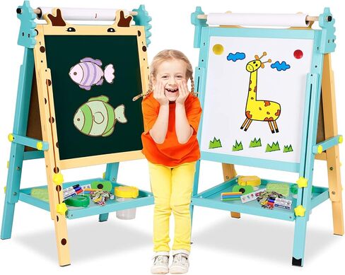 Kids Art Easel with Paper Roll Toddler Double-Sided Whiteboard & Chalkboard Standing Easel with Numbers and Other Accessories for Boys Girls in Kuwait