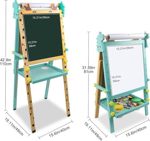 Kids Art Easel with Paper Roll Toddler Double-Sided Whiteboard & Chalkboard Standing Easel with Numbers and Other Accessories for Boys Girls in Kuwait