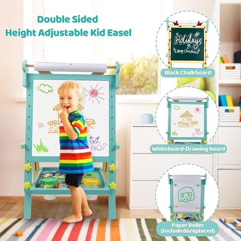 Kids Art Easel with Paper Roll Toddler Double-Sided Whiteboard & Chalkboard Standing Easel with Numbers and Other Accessories for Boys Girls in Kuwait