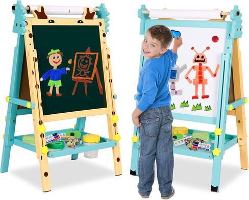 Kids Art Easel with Paper Roll Toddler Double-Sided Whiteboard & Chalkboard Standing Easel with Numbers and Other Accessories for Boys Girls in Kuwait
