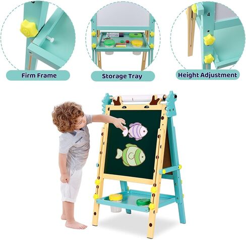 Kids Art Easel with Paper Roll Toddler Double-Sided Whiteboard & Chalkboard Standing Easel with Numbers and Other Accessories for Boys Girls in Kuwait