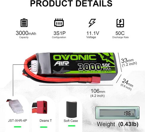 OVONIC 3S Lipo Battery 50C 3000mAh 11.1V Lipo Battery with Dean-Style T Connector for RC Airplane Helicopter Quadcopter RC Car Truck Boat(2 Packs) in Saudi Arabia