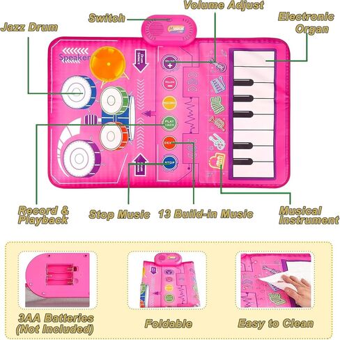 Geweiya 2 in 1 Musical Mat for Toddlers 1-3 Piano Keyboard & Drum Mat with 2 Sticks Baby Girls Boys Toys Age 1-2 Birthday Gifts for 1 2 34 Years Old Girls Christmas in Kuwait
