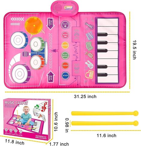 Geweiya 2 in 1 Musical Mat for Toddlers 1-3 Piano Keyboard & Drum Mat with 2 Sticks Baby Girls Boys Toys Age 1-2 Birthday Gifts for 1 2 34 Years Old Girls Christmas in Kuwait