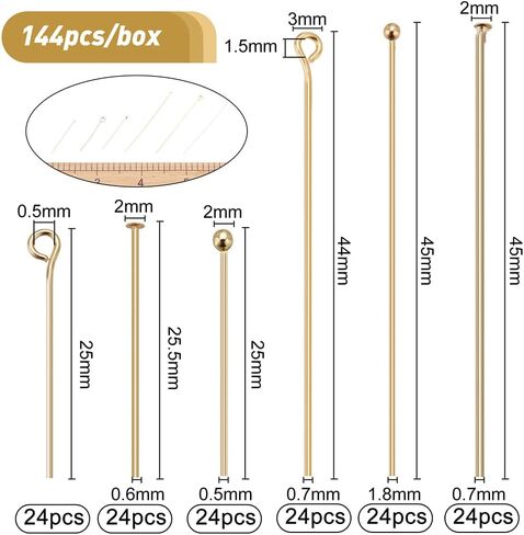 BENECREAT 144Pcs 3 Style 18K Gold Plated Brass Ball Head Pins and Flat Head Eye Pins Jewelry Making Kit for Crafting Earrings and Bracelets 2 Size/Style in Saudi Arabia