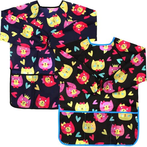 كازوتي مريلة فنية للاطفال من قطعتين مقاومة للماء، مريلة رسم للاطفال الصغار، مريلة رسم باكمام طويلة مع 3 جيوب واسعة لعمر 2-6 سنوات, كحلي + أسود in Kuwait