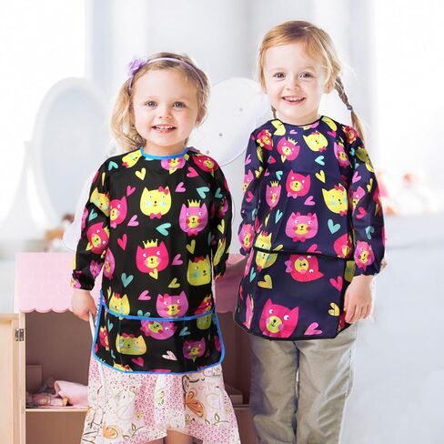 كازوتي مريلة فنية للاطفال من قطعتين مقاومة للماء، مريلة رسم للاطفال الصغار، مريلة رسم باكمام طويلة مع 3 جيوب واسعة لعمر 2-6 سنوات, كحلي + أسود in Kuwait