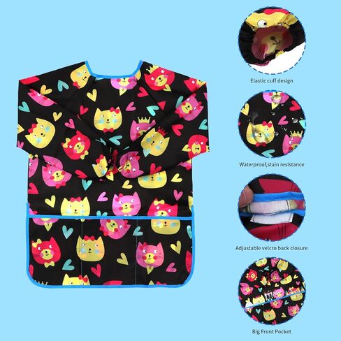 كازوتي مريلة فنية للاطفال من قطعتين مقاومة للماء، مريلة رسم للاطفال الصغار، مريلة رسم باكمام طويلة مع 3 جيوب واسعة لعمر 2-6 سنوات, كحلي + أسود in Kuwait