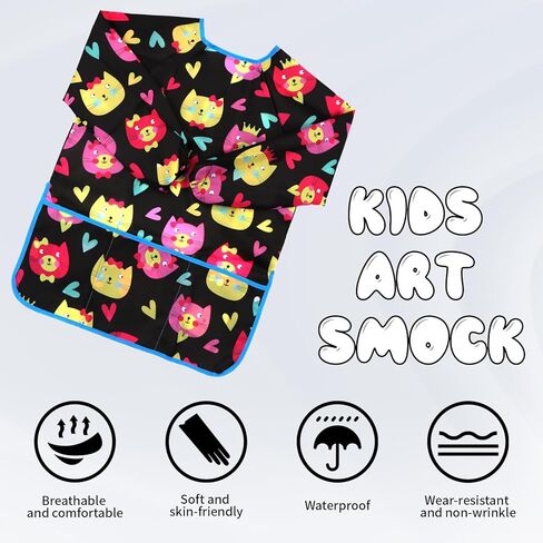 كازوتي مريلة فنية للاطفال من قطعتين مقاومة للماء، مريلة رسم للاطفال الصغار، مريلة رسم باكمام طويلة مع 3 جيوب واسعة لعمر 2-6 سنوات, كحلي + أسود in Kuwait