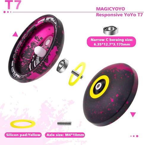 يويو تي 7 سريع الاستجابة للاطفال، يويو معدني من الالومنيوم للمبتدئين مع محمل يويو ضيق C و5 خيوط يويو اضافية + شنطة يويو + قفاز يويو (لون اسود وزهري) in Kuwait
