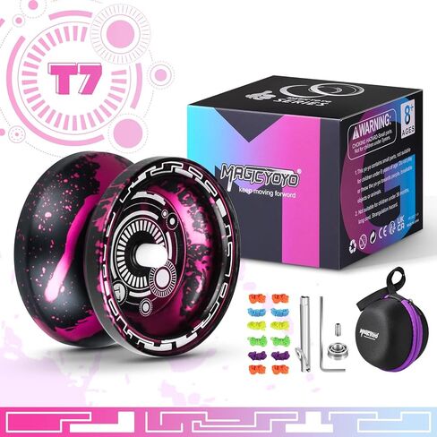 يويو تي 7 سريع الاستجابة للاطفال، يويو معدني من الالومنيوم للمبتدئين مع محمل يويو ضيق C و5 خيوط يويو اضافية + شنطة يويو + قفاز يويو (لون اسود وزهري) in Kuwait