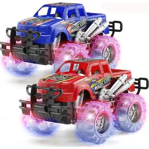 2 Pack Light Up Monster Truck Car Toy with Beautiful Flashing LED Tires, Best Birthday Gift for Boy Girl Ages 3+, Push n Go Cars, Friction Toy, Race Truck Car for Kid Party Favors and Daily Play in Kuwait