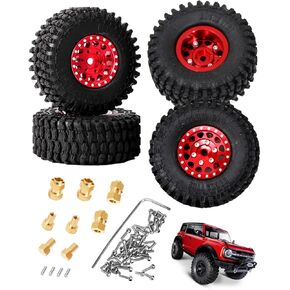 4Pcs Rc Wheels Tires for 1/18 TRX4M,with/Brass 10mm Extended Wheel Hex&6mm Extenders Adaptor Hop Ups,Red