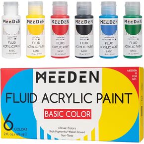 MEEDEN Basic Acrylic Paint Set: 6 Colors Acrylic Paint Bottles 2oz / 60ml - Professional Fluid Non-Toxic - Art Paints for Canvas Crafts Wood