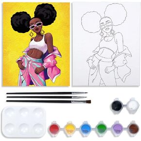 Nuberlic Canvas Painting Kit Pre Drawn Canvas for Painting for Adults Sip and Paint Party Supplies 8x10 Canvas to Paint Afro Queen 8 Acrylic Colors,3 Brush,1 Pallet Art Set Cool Girl Paint in Kuwait