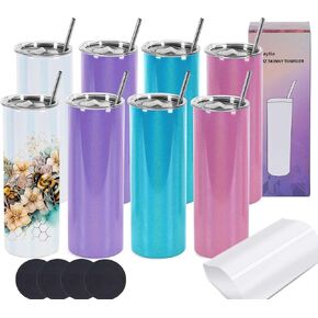 Wzaytia Glitter Sublimation Tumblers 20 Oz Skinny Straight, 4 Pack Sublimation Glitter Shimmer Tumbler Blanks, Individually Boxed Stainless Steel Glitter Tumblers, Mixed Color