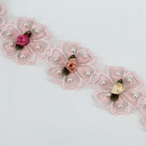 2 Yards Flower Pearl Lace Edging Trim Ribbon Vintage Style Trimmings Fabric Embroidered Applique Sewing Craft Wedding Bridal Dress Embellishment Party Decoration (Pink)