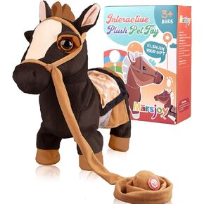 Marsjoy Black Walking Pony Musical Singing Dancing Plush Interactive Pony Walk Along Toy Horse with Leash for Boy Girl Ages 3+