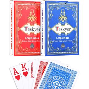 Teskyer Large Print Playing Cards, Poker Size Large Index Deck of Cards, Linen Finish Surface, 2 Pack(Blue and Red), Pattern B in Kuwait