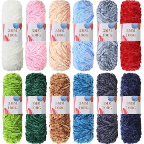 Timgle 12 Skeins 3 مم غزل شانيل ناعم 1312 ياردة مخملية غزل سميك رقيق من القطيفة للحياكة اليدوية والحياكة اليدوية وسترة وشاح شال قفازات DIY Craft، 109 ياردة لكل منها (سلسلة بنية)