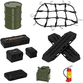 1/24 RC Crawler Accessories Car Roof Decoration Luggage Net, Recovery Board, Oil Drum, Fire Extinguisher, Toolbox for 1/16 1/18 TRX4M 1/24 Axial SCX24 FMS RC Crawler Upgrade Parts (Army Green)
