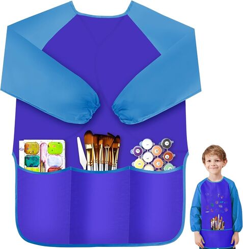IKAYAS Kids Art Smock، سموك للأطفال مقاومة للماء بأكمام طويلة، سموك فنية للأطفال 3-5، أزرق للأطفال يرسم سموك فنان طفل صغير سموك للمنزل، رياض الأطفال، لوازم الرسم بالمدرسة الابتدائية 3 جيوب in Saudi Arabia
