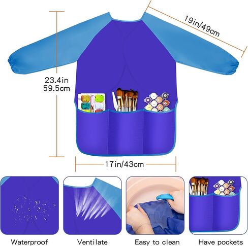 IKAYAS Kids Art Smock، سموك للأطفال مقاومة للماء بأكمام طويلة، سموك فنية للأطفال 3-5، أزرق للأطفال يرسم سموك فنان طفل صغير سموك للمنزل، رياض الأطفال، لوازم الرسم بالمدرسة الابتدائية 3 جيوب in Saudi Arabia