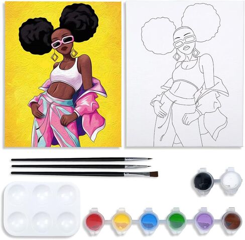 مجموعة الطلاء القماشي من nuberlic، قماش مرسوم مسبقًا للرسم للبالغين، لوازم حفلات الرشفة والطلاء، 8 × 10 قماش لطلاء الملكة الأفرو 8 ألوان أكريليك، 3 فرشاة، 1 لوحة فنية مجموعة طلاء فتاة رائعة in Kuwait