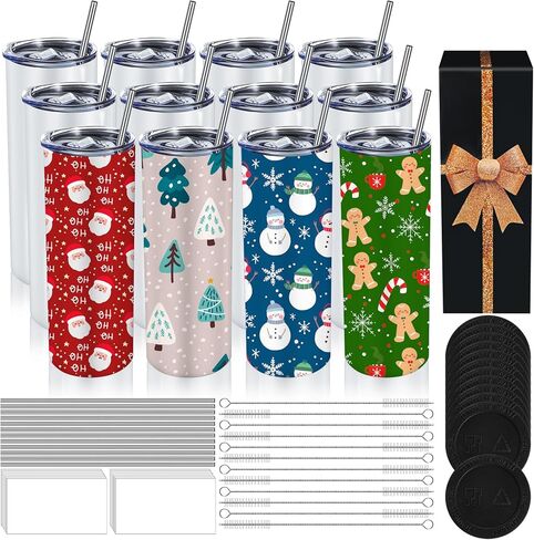 Needbrock Sublimation Tumblers Blank 20oz, 12 Pack Straight Skinny Sublimation Cups Blank, Double-Walled Insulated Sublimation Tumblers Blank White with Individually Gift, Lids, Straw, Rubber Bottoms, in Kuwait
