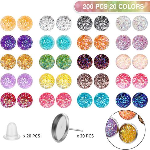 200 Pcs 20 Colors Druzy Resin Cabochons Stainless Steel Stud Earring, Faux Druzy Cabochons Round Flat Back Dome Cabochons with 20 Pcs Earring for Jewelry Making, DIY Craft(Silver Stud Earring, 8 mm) in Kuwait