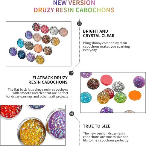 200 Pcs 20 Colors Druzy Resin Cabochons Stainless Steel Stud Earring, Faux Druzy Cabochons Round Flat Back Dome Cabochons with 20 Pcs Earring for Jewelry Making, DIY Craft(Silver Stud Earring, 8 mm) in Kuwait