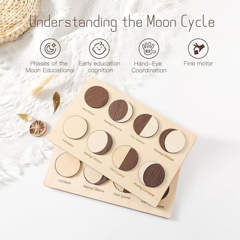 Wooden Moon Puzzles for Toddlers 3, Baby Puzzles Montessori Learning Toys for Toddler, Moon Phases Puzzles Games to Teach Kids About The Moon Cycle, Educational Preschool Gifts for Boys Girls (Black) in Kuwait