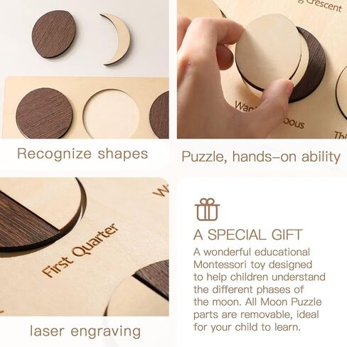 Wooden Moon Puzzles for Toddlers 3, Baby Puzzles Montessori Learning Toys for Toddler, Moon Phases Puzzles Games to Teach Kids About The Moon Cycle, Educational Preschool Gifts for Boys Girls (Black) in Kuwait