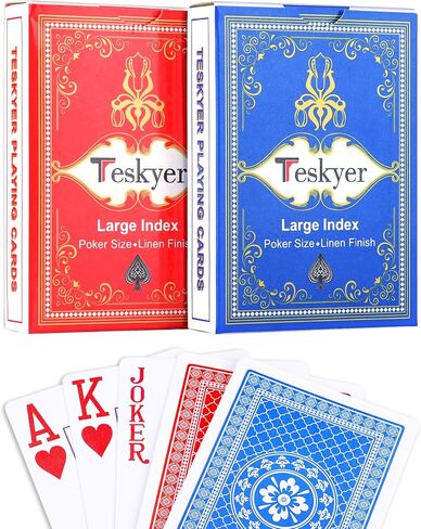 Teskyer Large Print Playing Cards, Poker Size Large Index Deck of Cards, Linen Finish Surface, 2 Pack(Blue and Red), Pattern B in Kuwait