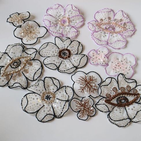 3 قطعة/مجموعة أزياء أنيقة من الخرز المطرز بالزهور والدانتيل لفستان الزفاف DIY خياطة بقع الزهور المطرزة للملابس (بني) in Kuwait