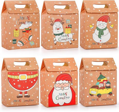 Lawei 60Pcs Christmas Kraft Candy Cookie Boxes, Christmas Kraft Paper Gift Bag Boxes with Handles, Small Folding Gift Wrapping Boxes for Xmas Present, Baby Shower Party Favors, 6 Style, 5.5x4x2.4 In in Kuwait