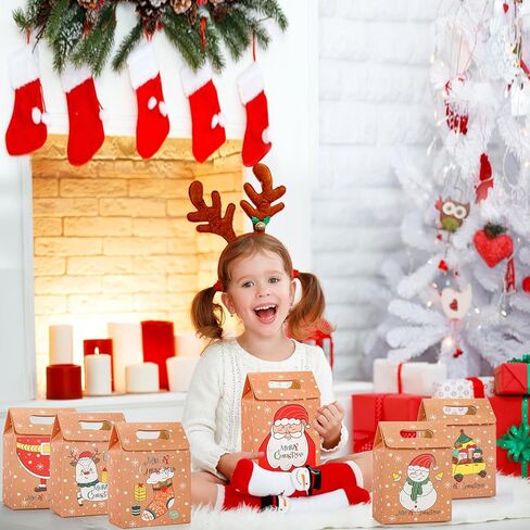 Lawei 60Pcs Christmas Kraft Candy Cookie Boxes, Christmas Kraft Paper Gift Bag Boxes with Handles, Small Folding Gift Wrapping Boxes for Xmas Present, Baby Shower Party Favors, 6 Style, 5.5x4x2.4 In in Kuwait
