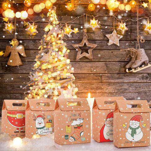 Lawei 60Pcs Christmas Kraft Candy Cookie Boxes, Christmas Kraft Paper Gift Bag Boxes with Handles, Small Folding Gift Wrapping Boxes for Xmas Present, Baby Shower Party Favors, 6 Style, 5.5x4x2.4 In in Kuwait