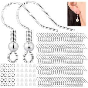 Hypoallergenic Earring Hooks,300 PCS Earring Making Kit, Silver Earring Hooks for Jewelry Making(100 Earring Fish Hooks,100 Earring Backs Rubber,100 Earring Hook Rings)