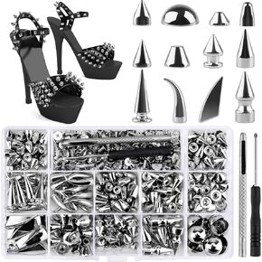 270 Sets Spikes and Studs, Kalolary Mixed Shape Punk Spike Rivets Silvery Metallic Cone Screw Back Studs with Install Tools for Leather Craft Clothing Shoes Belts Bags Dog Collars in Saudi Arabia